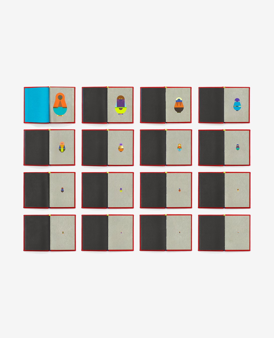 Vue d'ensemble des 16 poupées russes du livre Matriochka de Fanette Mellier publié aux Éditions du livre